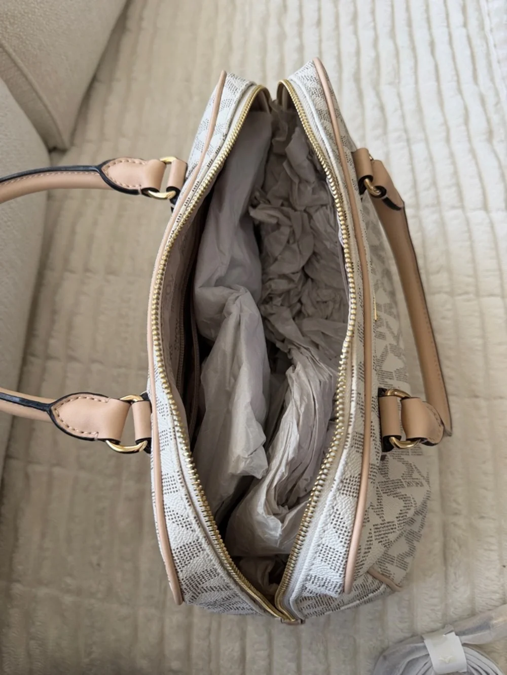 Michael Kors Beige Cream MK Logo Satchel with Gold Hardware - Picture 7 of 7